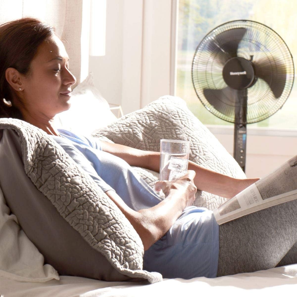 image:imageHoneywell Advanced QuietSet 16 Whole Room Stand Fan Black Ultra Quiet Pedestal Fan with Remote Control Oscillation and 5 Power Settings