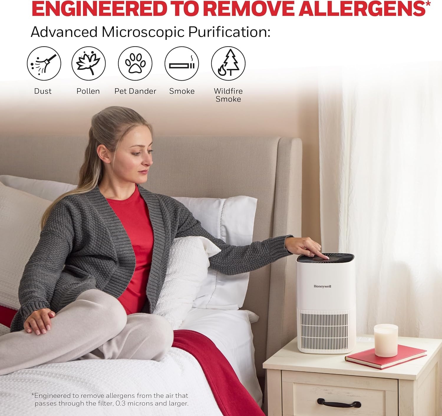 image:imageHoneywell Allergen Plus Compact HEPA Small Room Air Purifiers for Home Up to 530 Ft Coverage 3in1 Filter Pet Dander Smoke amp Odor Reducer Air Quality Sensor with Auto Mode Black HPA125BWhite