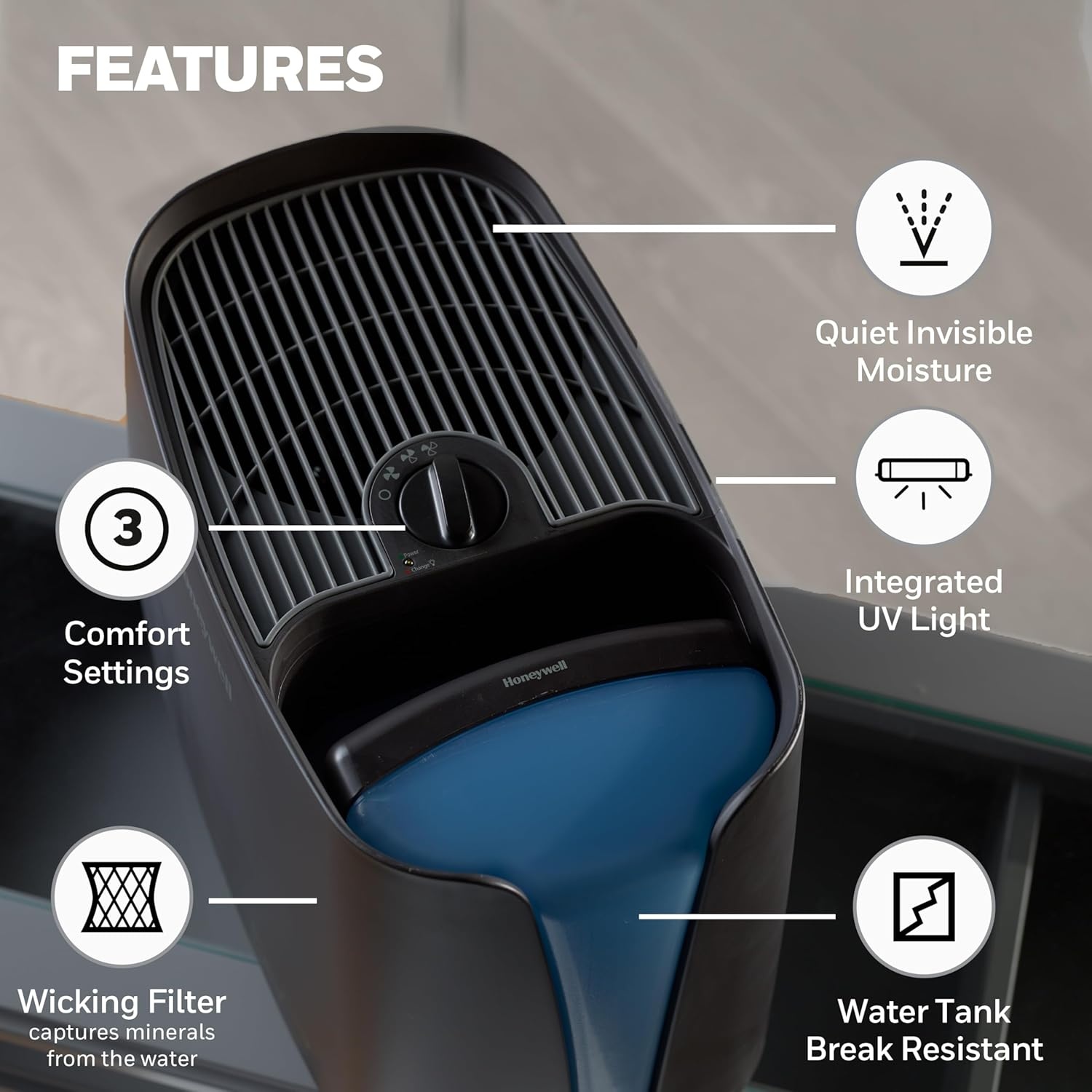 image:imageHoneywell Cool Moisture Humidifier For Bedroom Medium Rooms 11 Gallon Invisible Moisture Humidifier for Baby Kids Quiet Easy to Clean UV Technology Black HCM350B