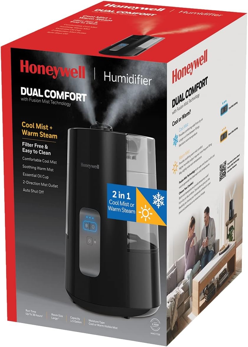 image:imageHoneywell Dual Comfort Cool Warm Mist humidifier Humidifier for Bedroom Office Living Room and Home Provides Temporary Relief from Dry air discomforts Black HWC775B