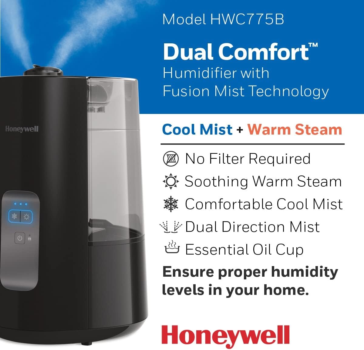 image:imageHoneywell Dual Comfort Cool Warm Mist humidifier Humidifier for Bedroom Office Living Room and Home Provides Temporary Relief from Dry air discomforts Black HWC775B