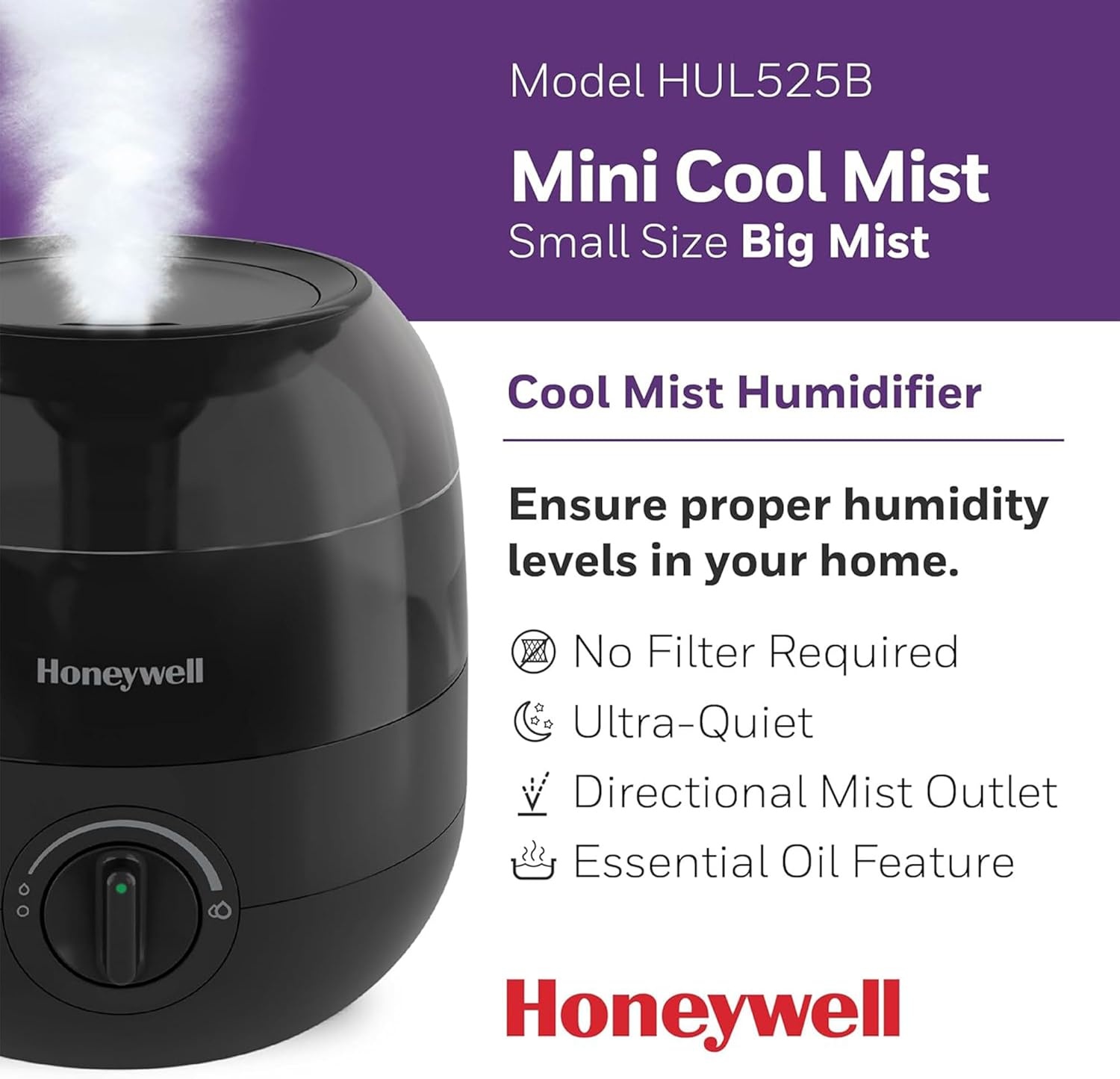 image:imageHoneywell Mini Cool Mist humidifier Easy to Fill and Clean humidifier for small Bedroom Kids Rooms or office Ultra Quiet Operation and Auto ShutOff White HUL525WBlack
