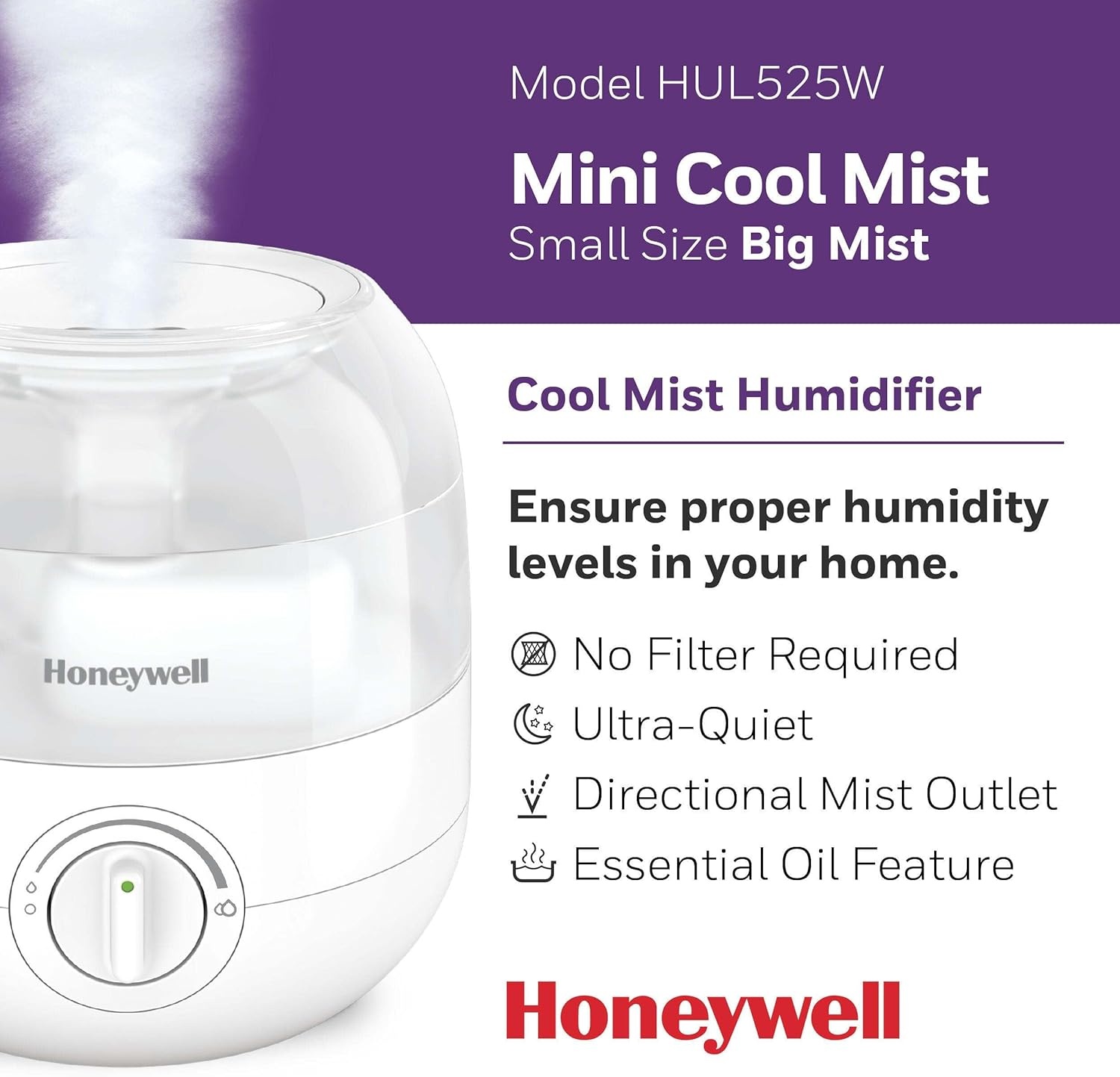 image:imageHoneywell Mini Cool Mist humidifier Easy to Fill and Clean humidifier for small Bedroom Kids Rooms or office Ultra Quiet Operation and Auto ShutOff White HUL525WWhite