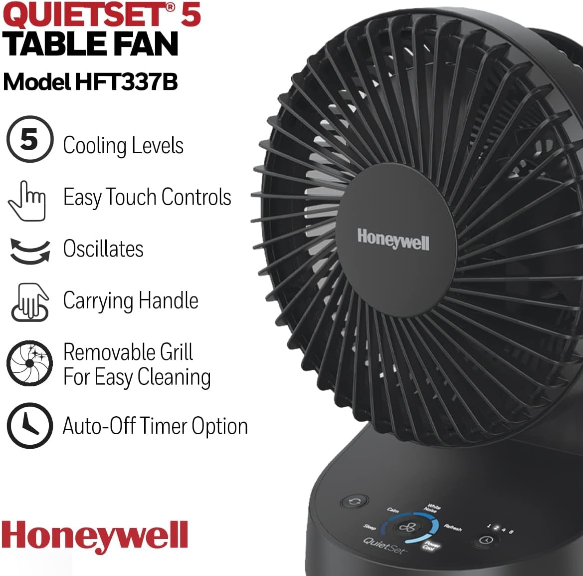 image:imageHoneywell QuietSet 5 Oscillating Table Fan White Personal and Small Room Fan with Quiet Operation and 5 Levels of Power and SoundBlack