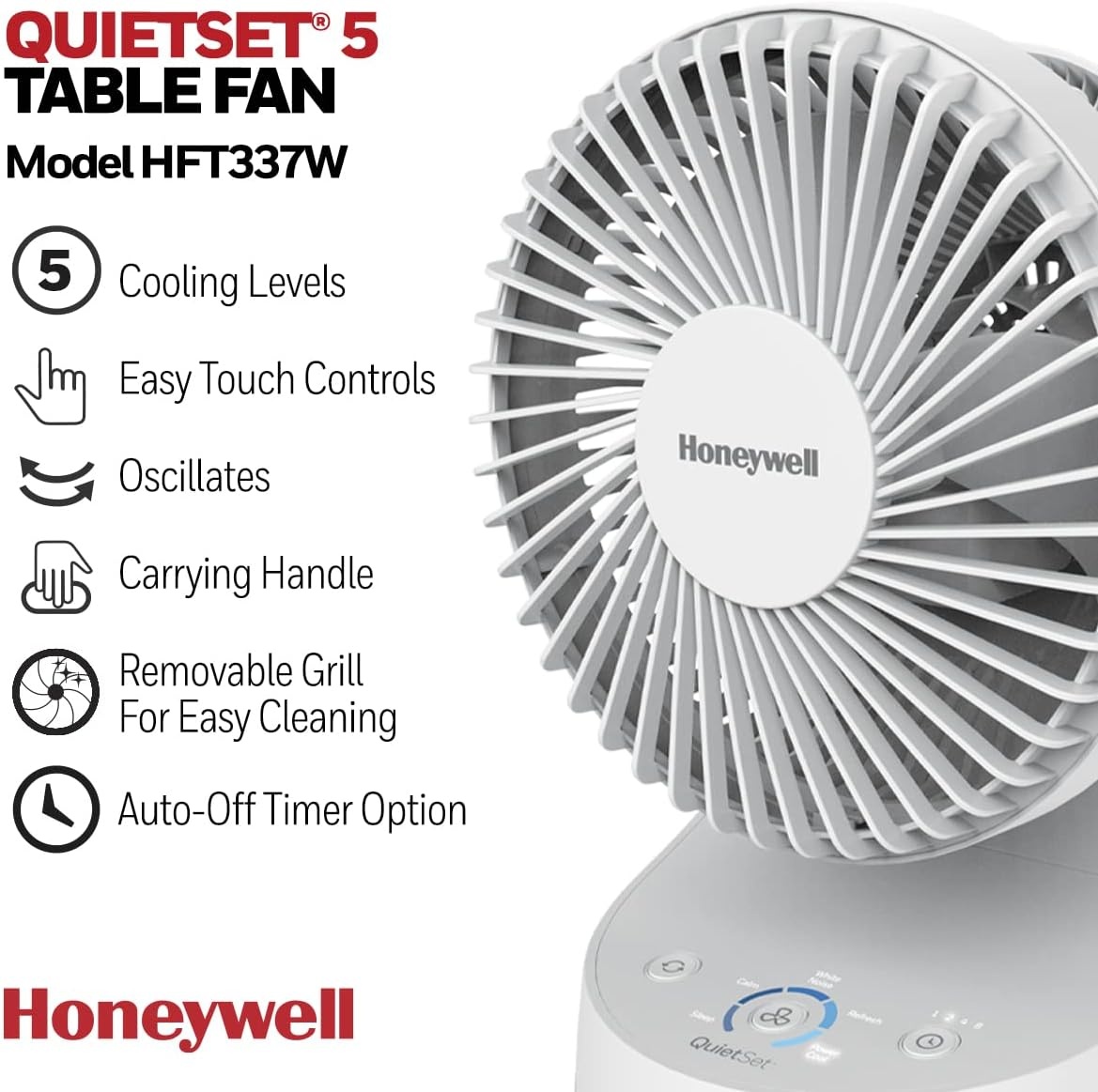 image:imageHoneywell QuietSet 5 Oscillating Table Fan White Personal and Small Room Fan with Quiet Operation and 5 Levels of Power and SoundWhite