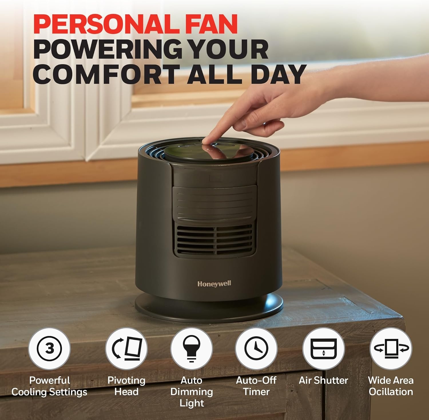 image:imageHoneywell QuietSet Personal Sleep Fan Noise Machine with Pink Noise 3 Speeds Adjustable Head Nightstand and Bedside Fan Black HTF300B
