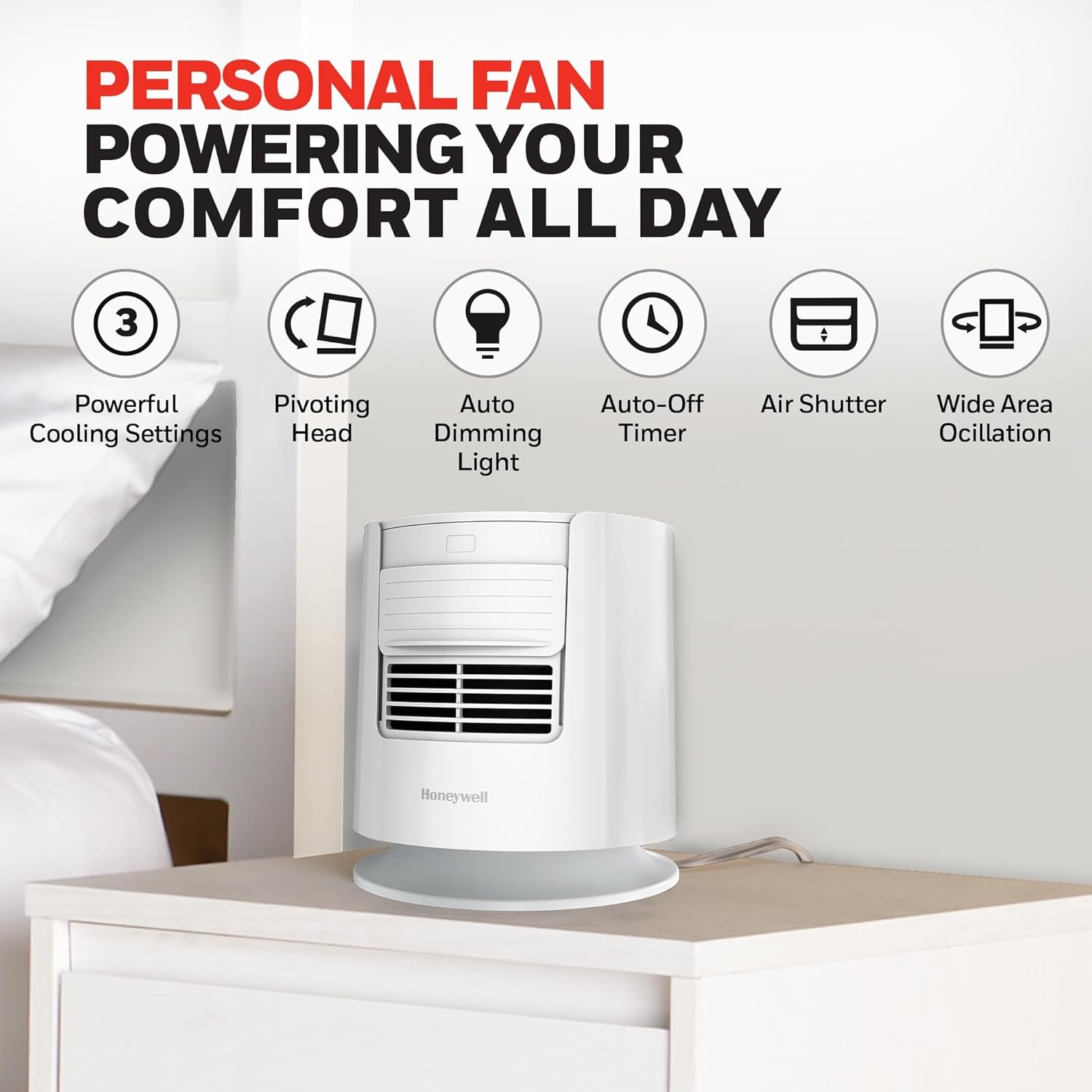 image:imageHoneywell QuietSet Personal Sleep Fan Noise Machine with Pink Noise 3 Speeds Adjustable Head Nightstand and Bedside Fan White HTF300W