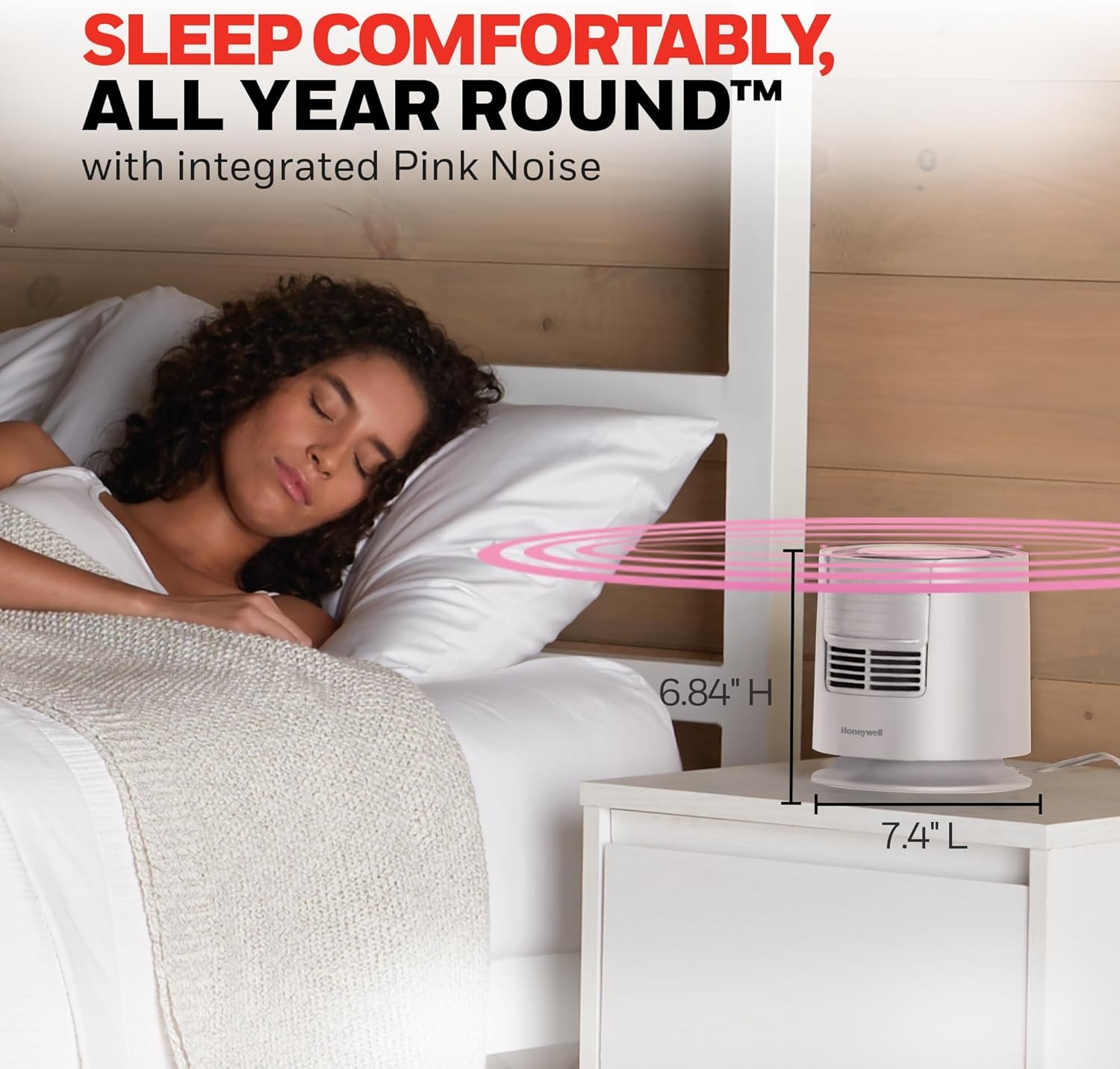 image:imageHoneywell QuietSet Personal Sleep Fan Noise Machine with Pink Noise 3 Speeds Adjustable Head Nightstand and Bedside Fan White HTF300W