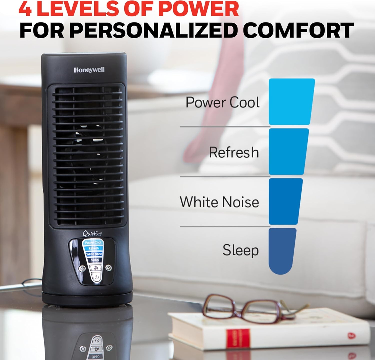 image:imageHoneywell QuietSet Personal Table Fan Oscillating Personal Desk Fan with Quiet Operation 4 Levels of Power and Sound Black HTF210BFan Pack of 2