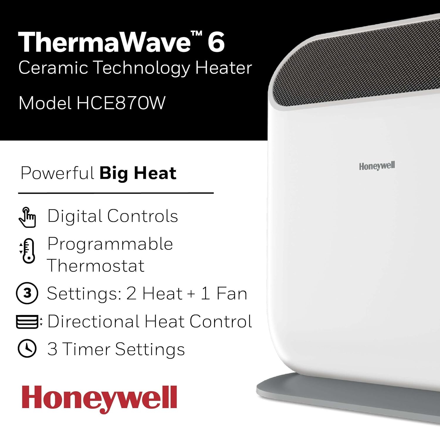 image:imageHoneywell ThermaWave 6 Ceramic Technology Space Heater BlackCeramic Heaterwith Programmable ThermostatWhite