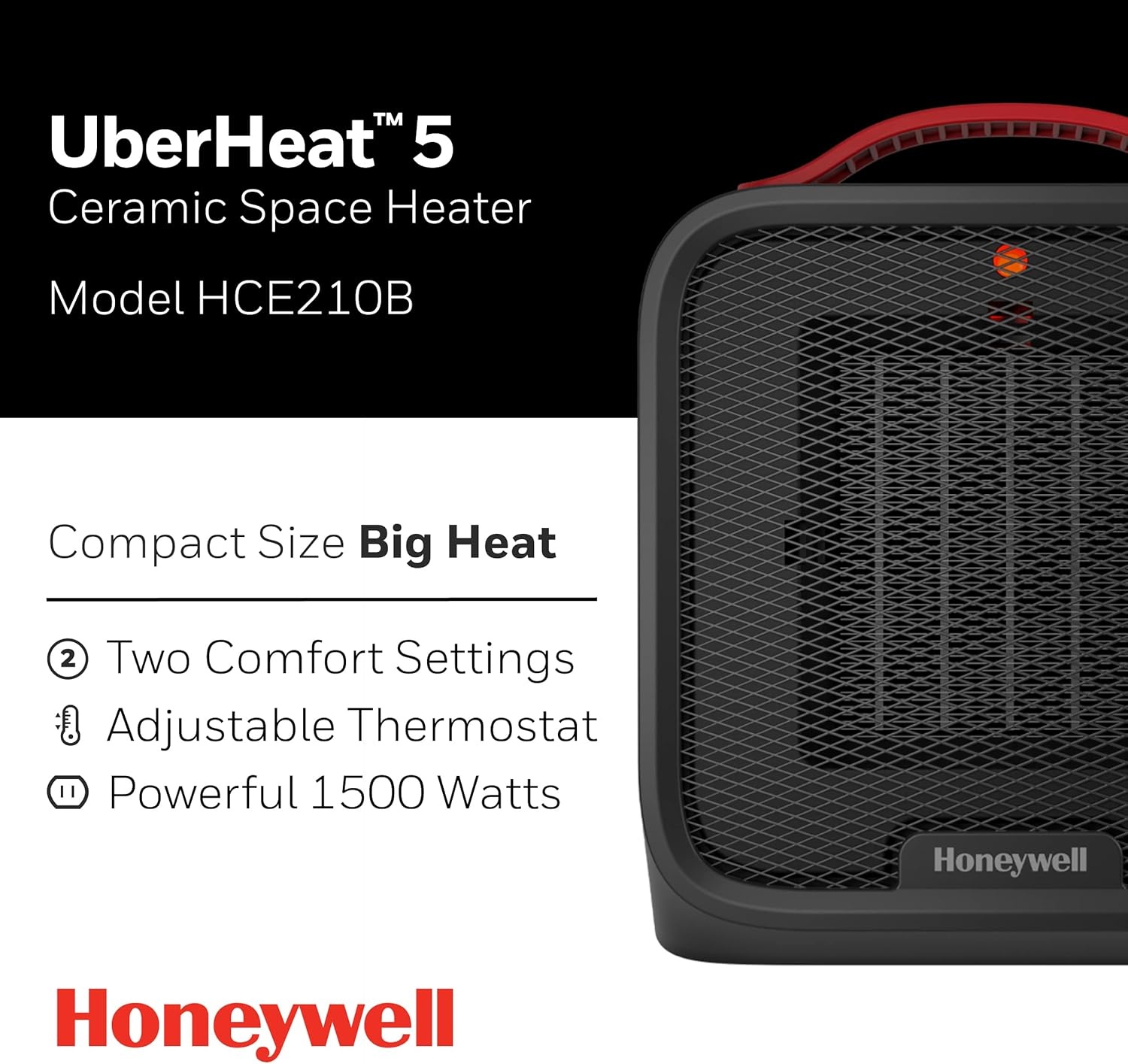 image:imageHoneywell UberHeat 5 Portable Ceramic 1500W Space Heater Indoor space heater for Small Rooms Bedrooms and Homes Fast Heating with Tipover Protection Black HEC210B