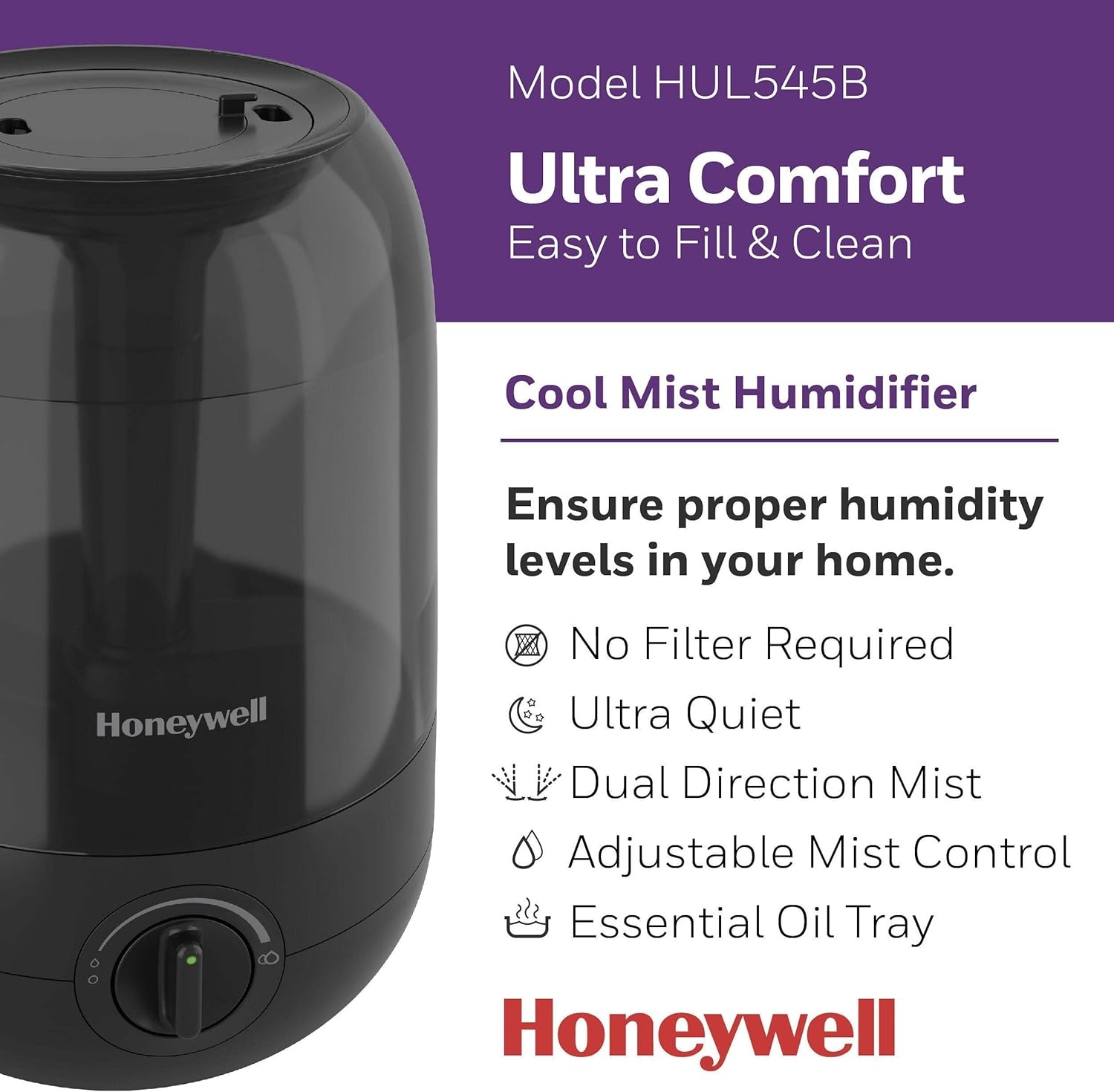 image:imageHoneywell Ultra Comfort Cool Mist Humidifier No Filter Easy to Fill and Clean Cleaning Brush Included Ultra Quiet Use Air Humidifier with Essential Oils for Extra Comfort Black HUL545BBlack
