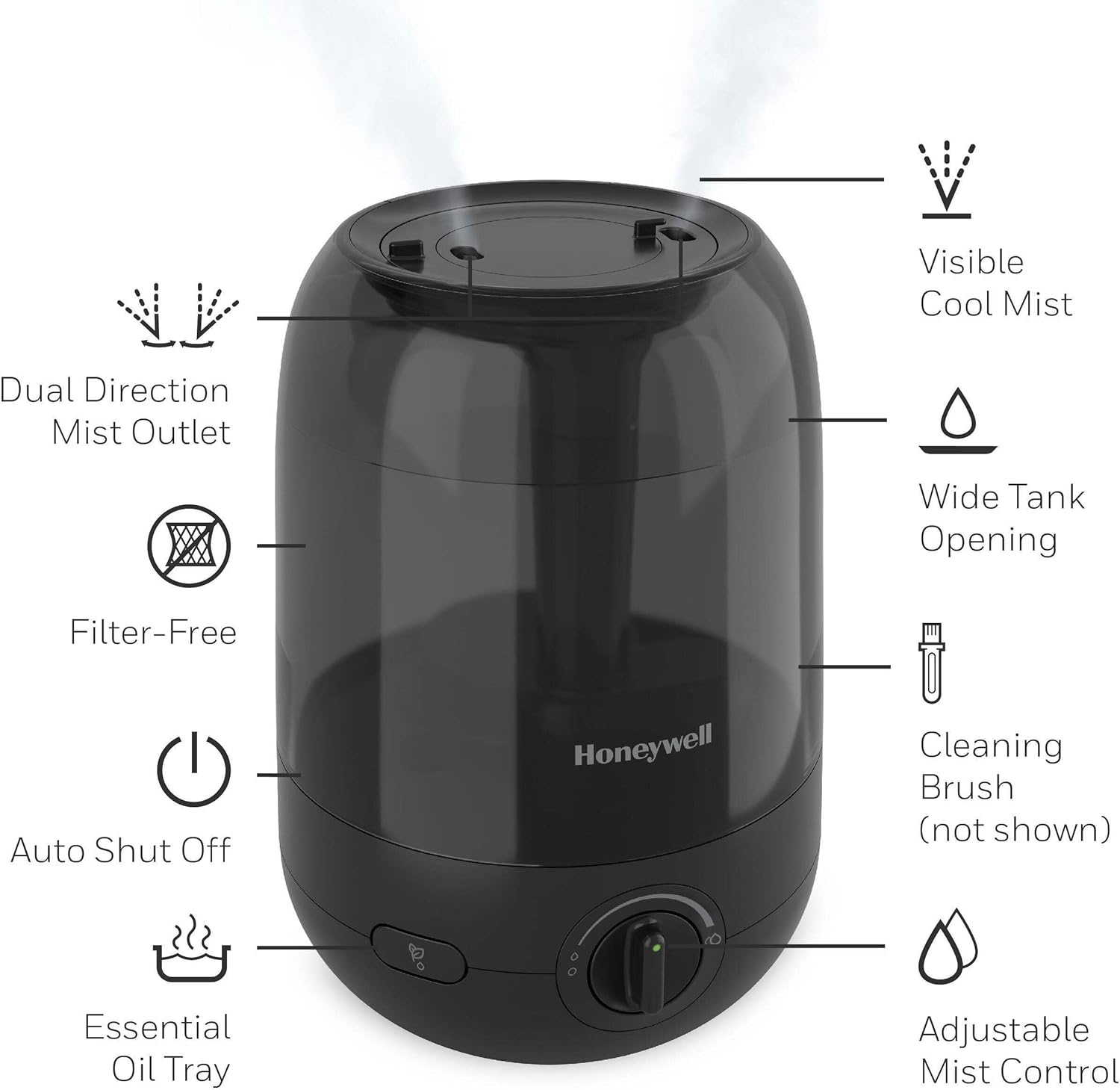 image:imageHoneywell Ultra Comfort Cool Mist Humidifier No Filter Easy to Fill and Clean Cleaning Brush Included Ultra Quiet Use Air Humidifier with Essential Oils for Extra Comfort Black HUL545BBlack
