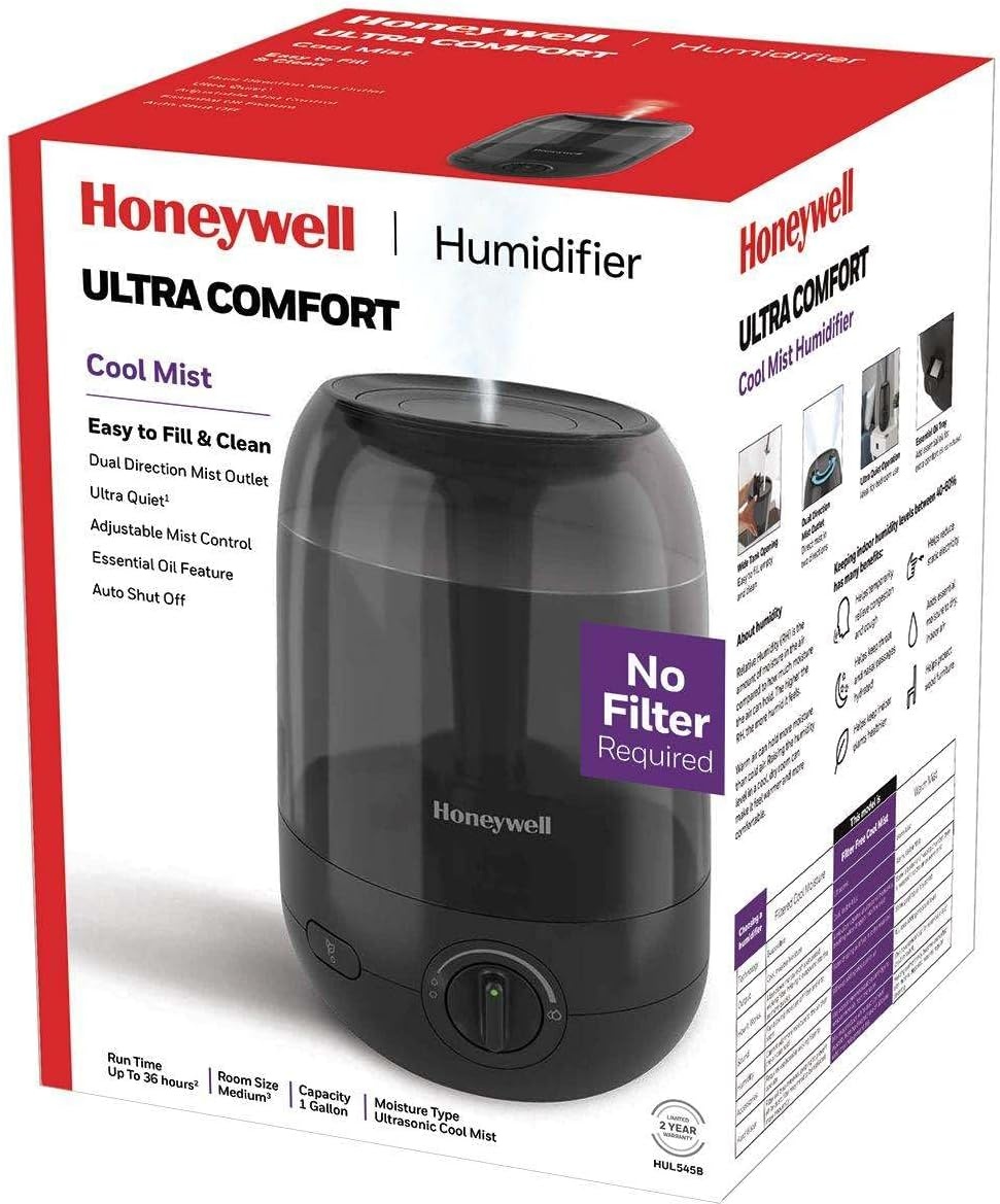 image:imageHoneywell Ultra Comfort Cool Mist Humidifier No Filter Easy to Fill and Clean Cleaning Brush Included Ultra Quiet Use Air Humidifier with Essential Oils for Extra Comfort Black HUL545BBlack