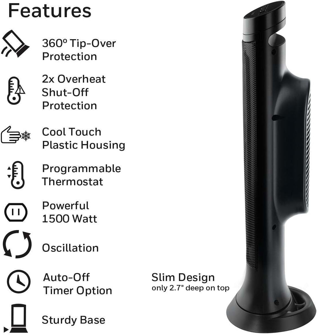 image:imageHoneywell slim ceramic tower heater large room 1500W digital controls oscillation programmable thermostat black