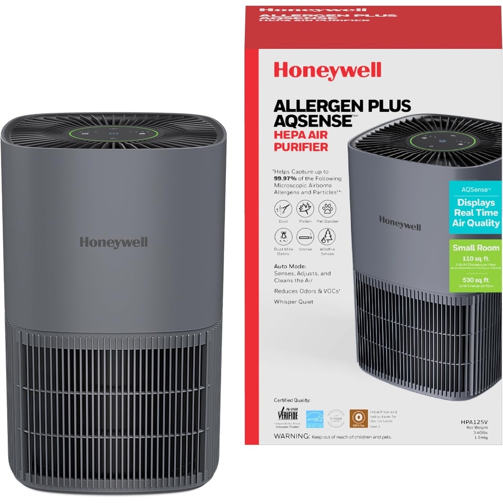 image:imageHoneywell Allergen Plus Compact HEPA Small Room Air Purifiers for Home Up to 530 Ft Coverage 3in1 Filter Pet Dander Smoke amp Odor Reducer Air Quality Sensor with Auto Mode Black HPA125BGrey