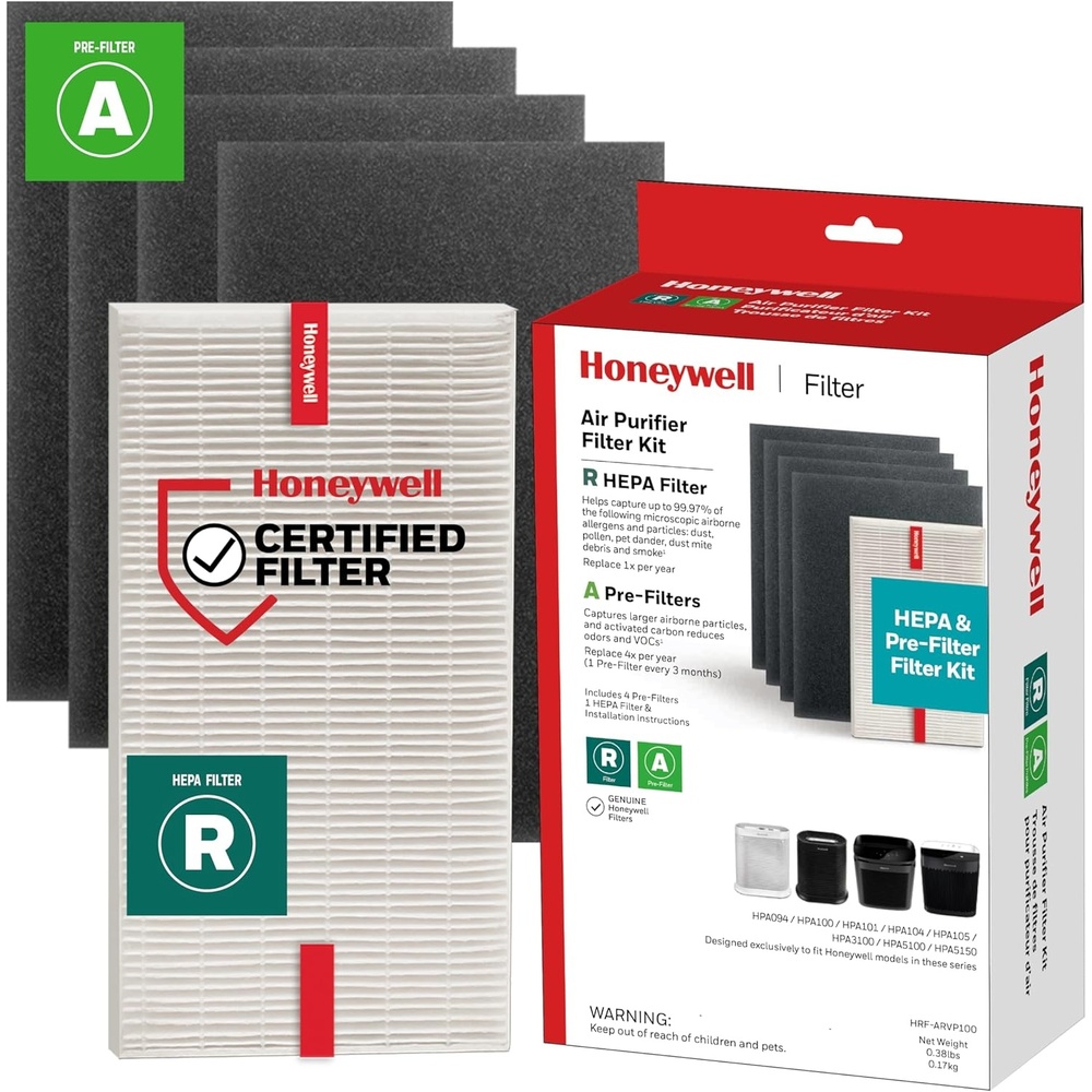 image:imageHoneywell HEPA Air Purifier Filter Kit  Includes 1 HEPA R Replacement Filter and 4 A Carbon PreCut PreFilters  Airborne Allergen Air Filter Targets WildfireSmoke Pollen Pet Dander and DustHRFARVP100
