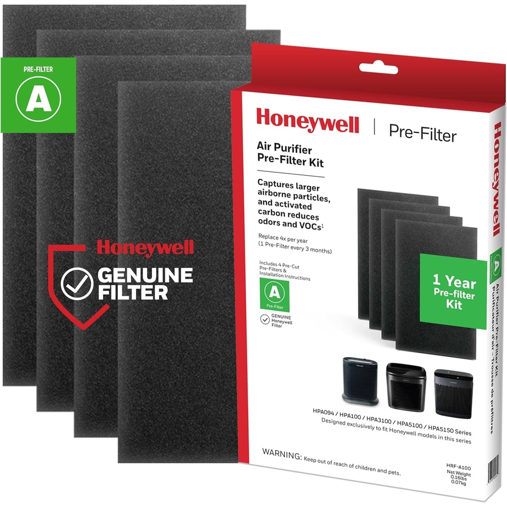 image:imageHoneywell HRFA100 Air Purifier Pre Kit Filter 4 Count Pack of 1 Allergen Air Filter Targets Dust VOC Pet Kitchen and WildfireSmoke Odors12 x 77 x 109