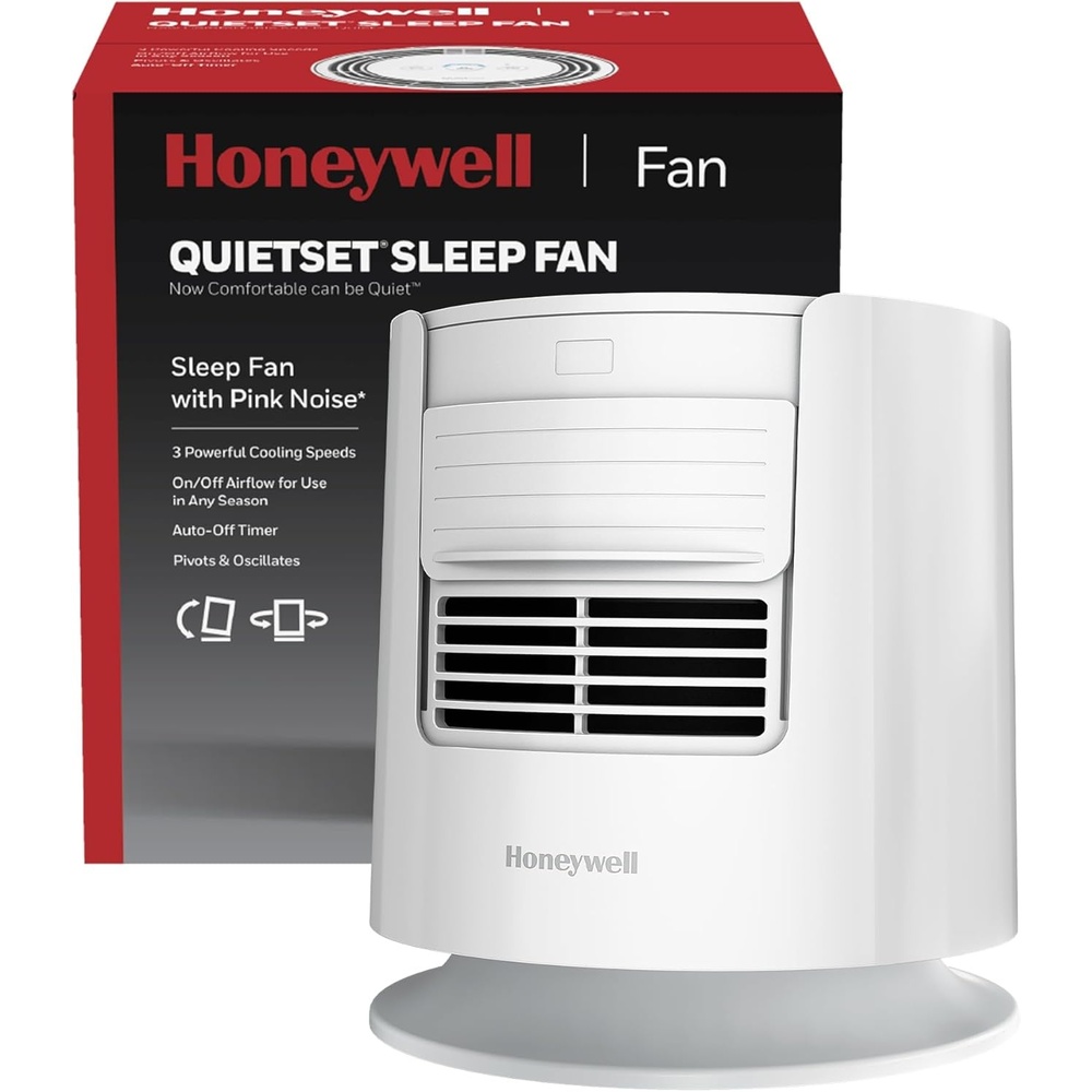 image:imageHoneywell QuietSet Personal Sleep Fan Noise Machine with Pink Noise 3 Speeds Adjustable Head Nightstand and Bedside Fan White HTF300W